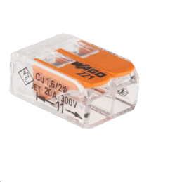 WAGO CAGE CLAMP®Borne à levier Pour tous types de conducteurs max. 4 mm² 2 conducteurs côte à côte Couleur du boîtier transparen